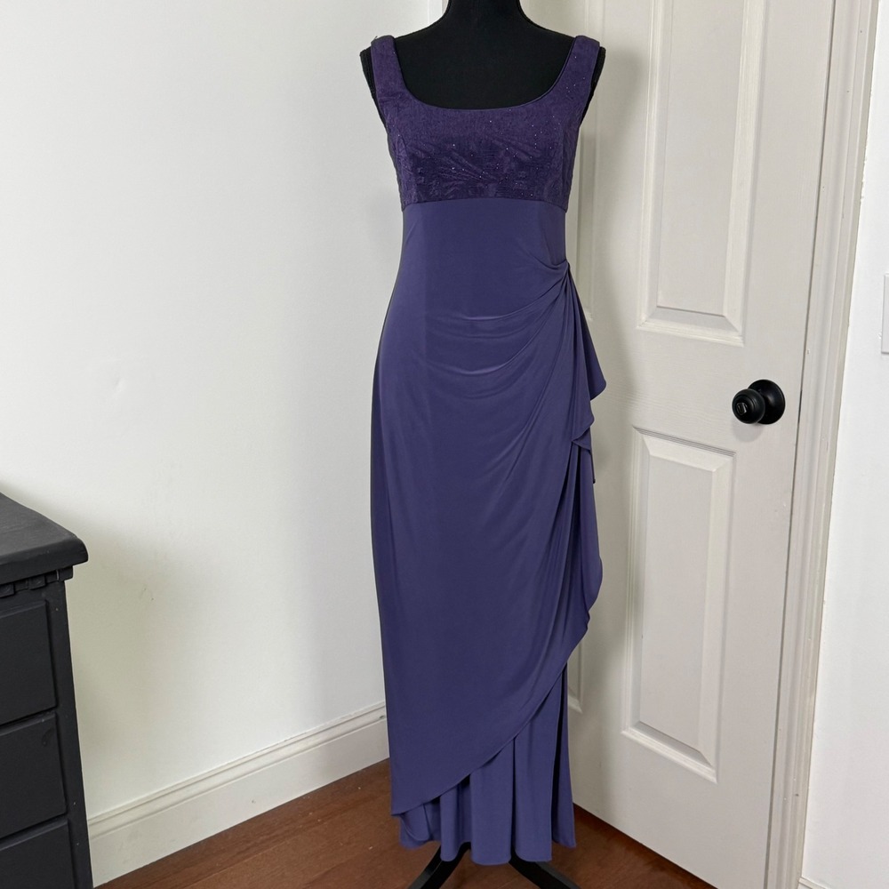 Vintage Alex Evenings Dress Womens 10P Purple Lace Draped Midi Y2K Whimsigoth